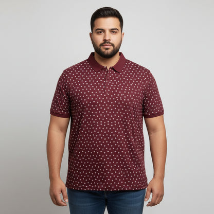 Maroon Micro Floral Print Plus Size Polo Shirt PSM-10865