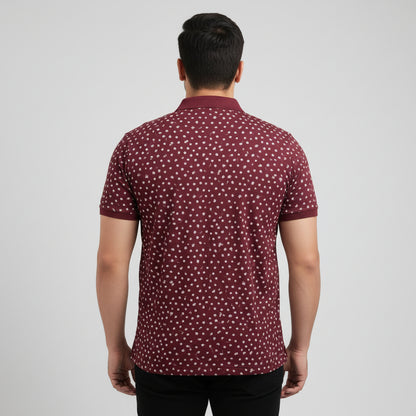 Maroon Micro Floral Print Plus Size Polo Shirt PSM-10865