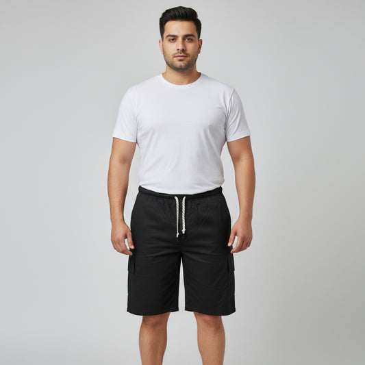 Black Cotton Elastic Waist Cargo Shorts PSM-10982