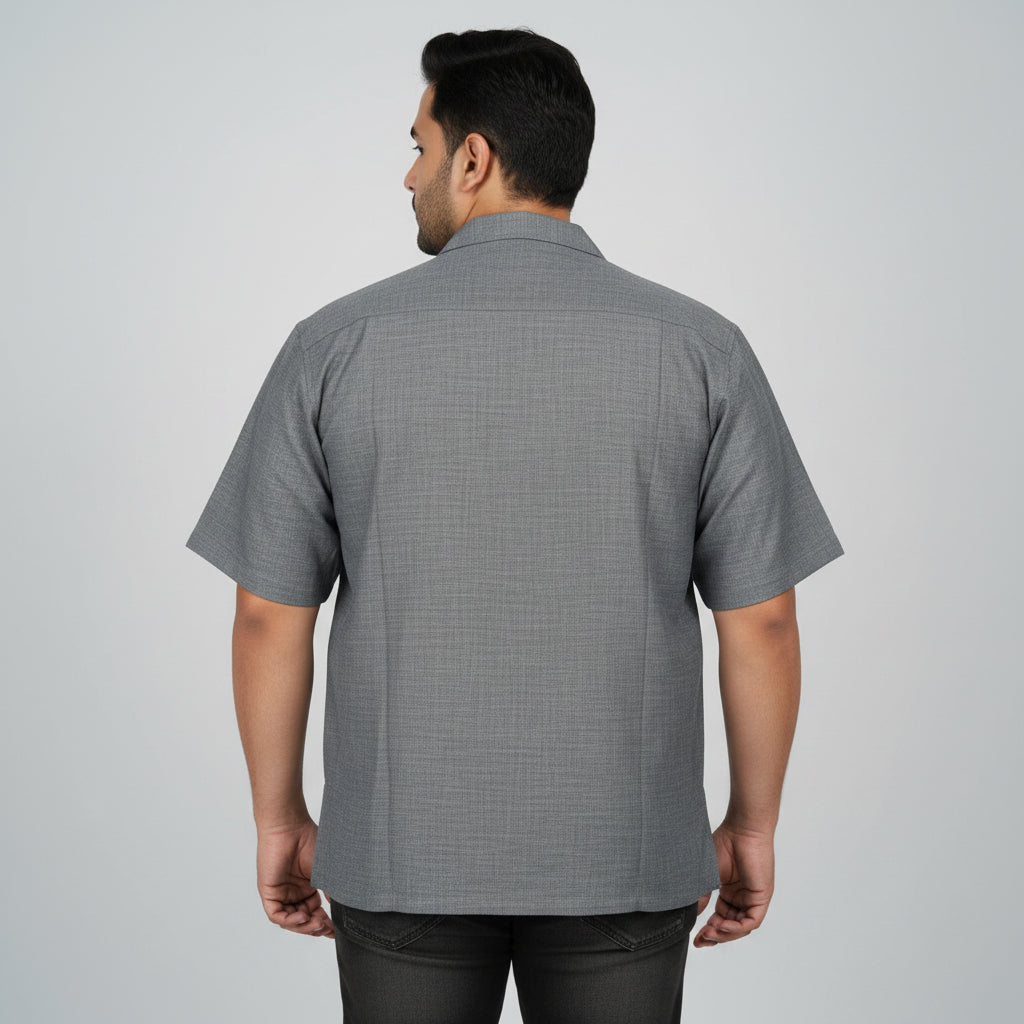 Charcoal Gray Cuban Collar Chambray Tencel Half Sleeve Casual Shirt PSM-11285