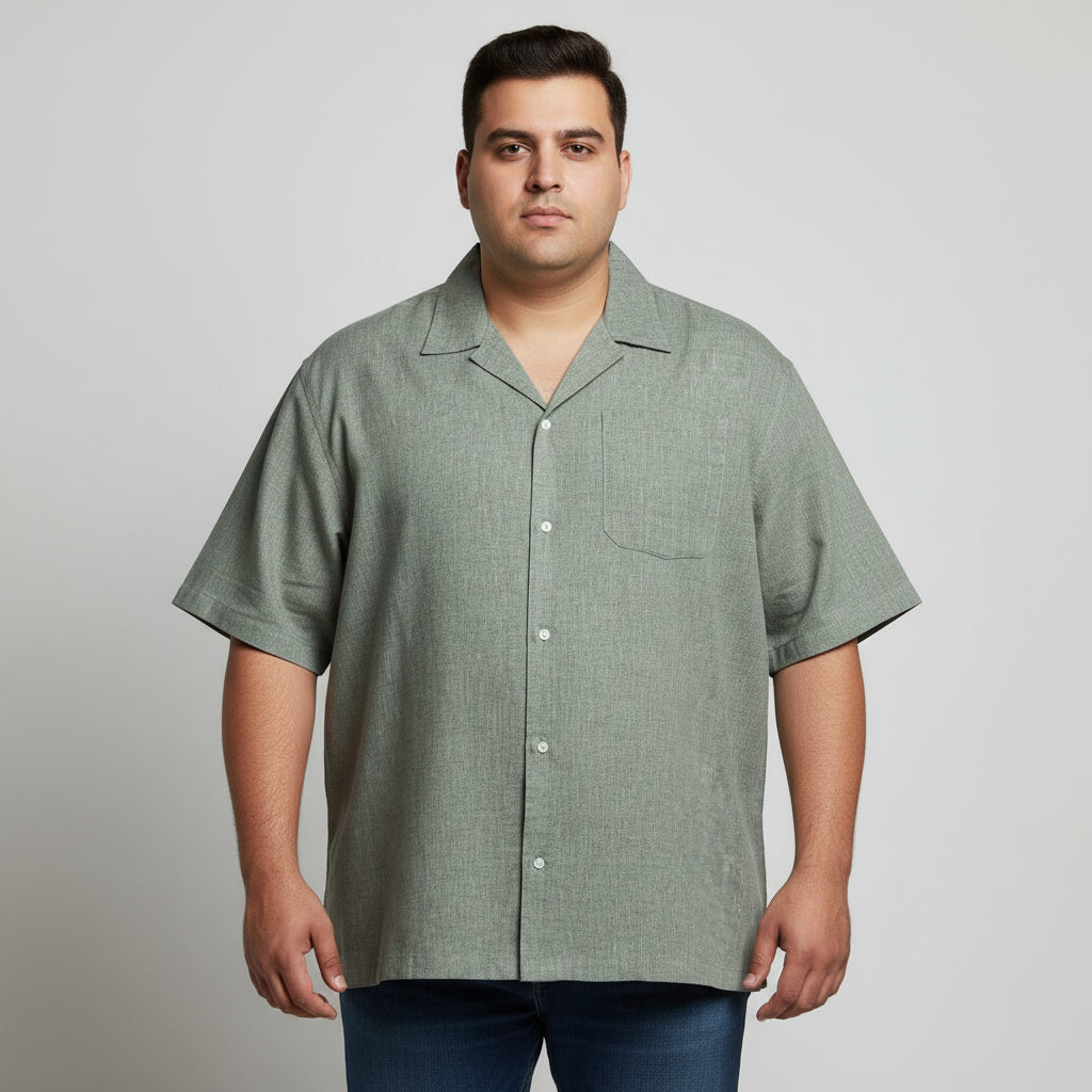Olive Gray Textured Cuban Collar Chambray Half Sleeve Casual Shirt PSM-11286