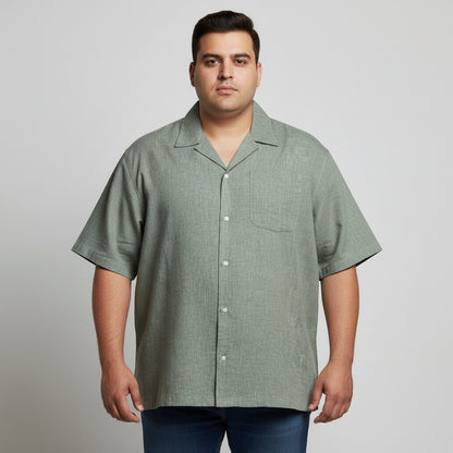 Olive Gray Textured Cuban Collar Chambray Half Sleeve Casual Shirt PSM-11286