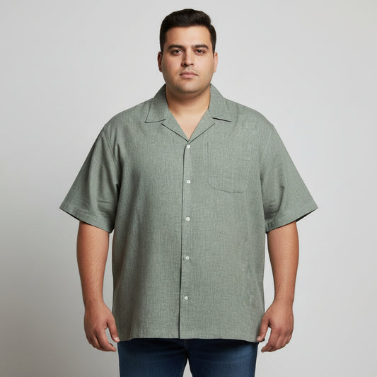 Olive Gray Textured Cuban Collar Chambray Half Sleeve Casual Shirt PSM-11286