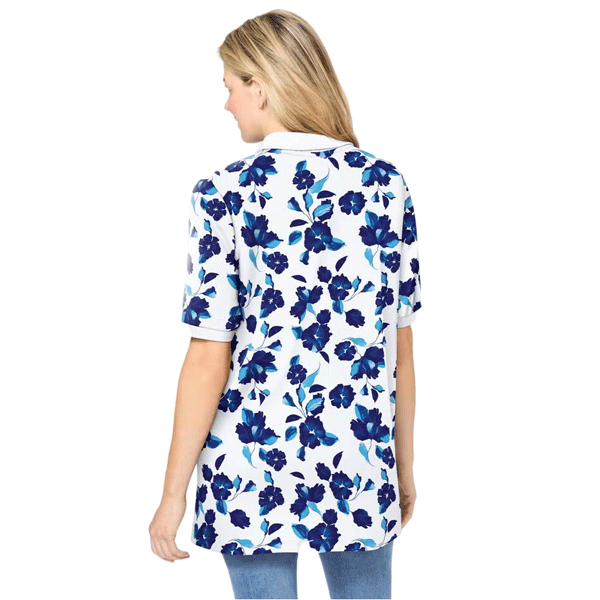 White Blue Flowers Elbow Short-Sleeve Polo Tunic PSW-9184