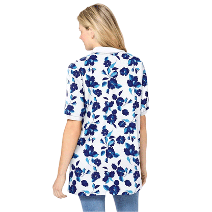 White Blue Flowers Elbow Short-Sleeve Polo Tunic PSW-9184