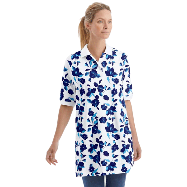 White Blue Flowers Elbow Short-Sleeve Polo Tunic PSW-9184