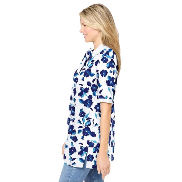 White Blue Flowers Elbow Short-Sleeve Polo Tunic PSW-9184