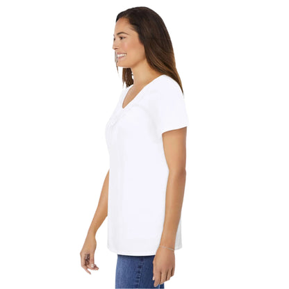 White cotton knit top with crochet-trimmed U-neck and pleated front design

