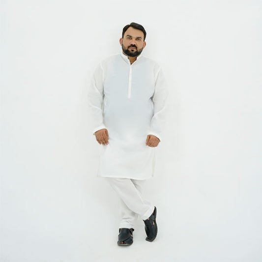 Classic White Cotton Kurta Pajama - Plus Size PSM-9061