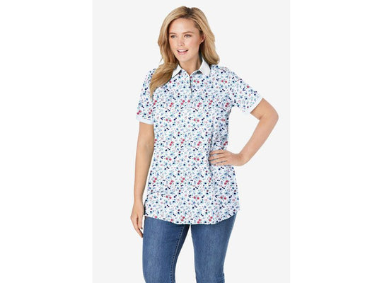 White Lovely Ditsy Perfect Printed Short-Sleeve Polo Shirt PSW-7061