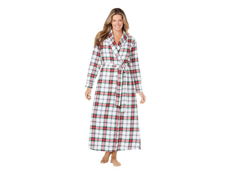 White Mistletoe Plaid Long Flannel Robe PSW-7055