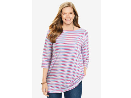 White Multi Mini Stripe Perfect Printed Boatneck Tee PSW-6941