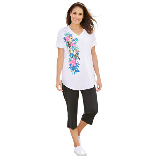 White multi tropical print V-neck tunic with solid capri pants – plus size set.