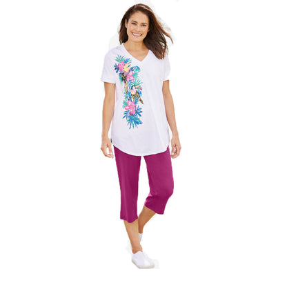 White Multi Tropical Two Piece V-Neck Tunic & Capri Set PSW-8421