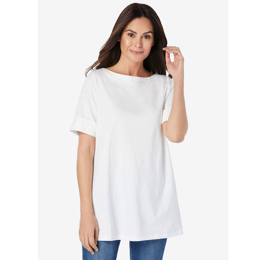 White Perfect Cuffed Elbow-Sleeve Boat-Neck Tee PSW-7873