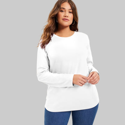 Women’s white long-sleeve crewneck tee made from soft stretch cotton, displayed flat on a white background.