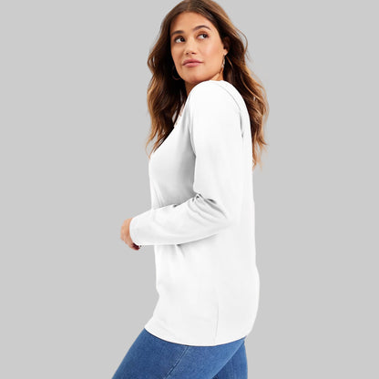 Women’s white long-sleeve crewneck tee made from soft stretch cotton, displayed flat on a white background.