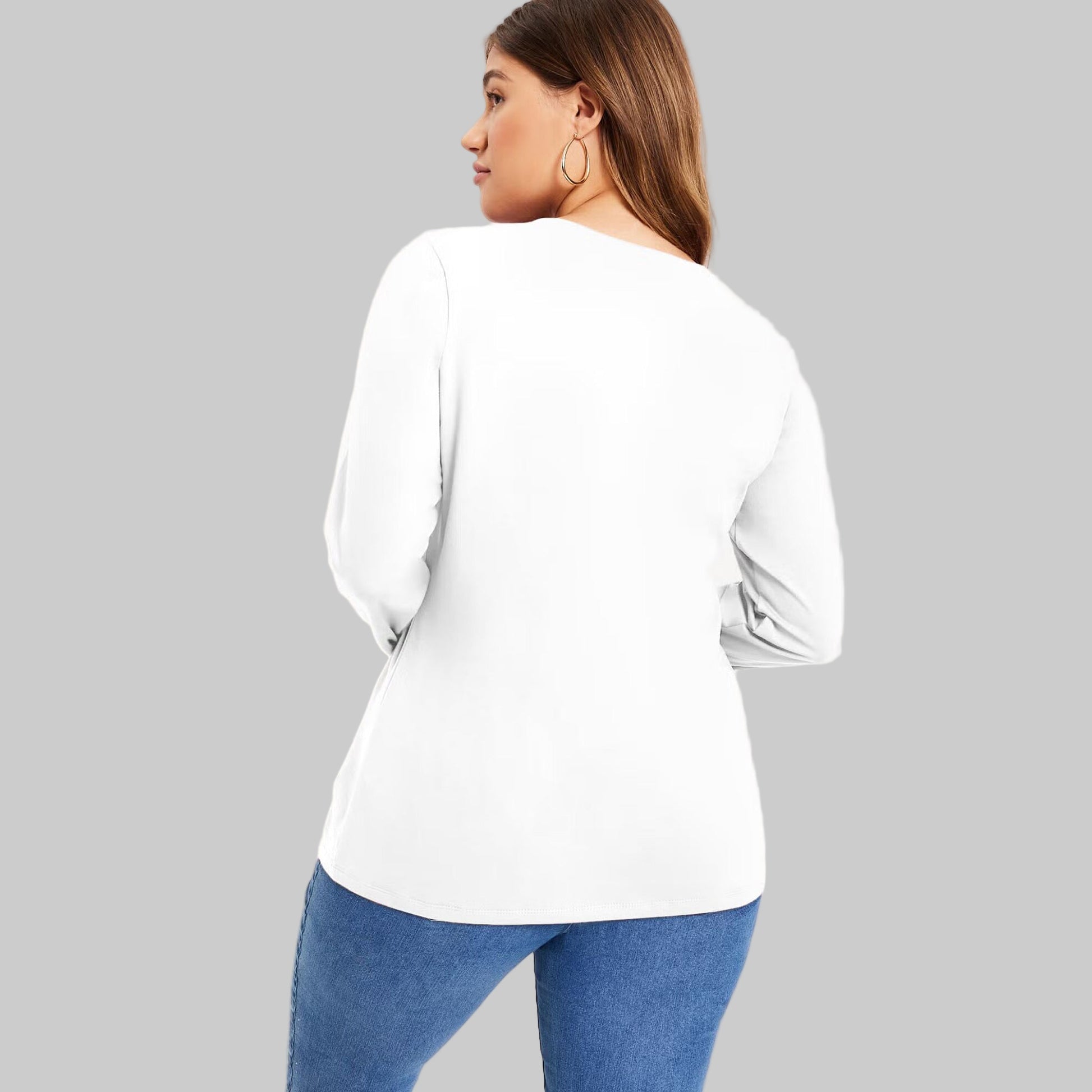 Women’s white long-sleeve crewneck tee made from soft stretch cotton, displayed flat on a white background.