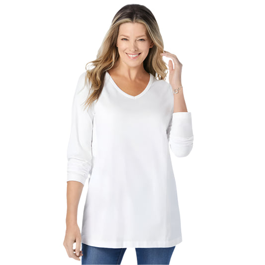 Plus size white long-sleeve V-neck cotton tee with relaxed fit – 28" length everyday essential top for women


