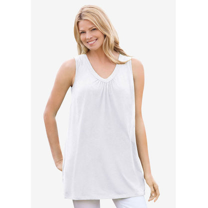 White Perfect Short-Sleeve Shirred V-Neck Tunic PSW-7970