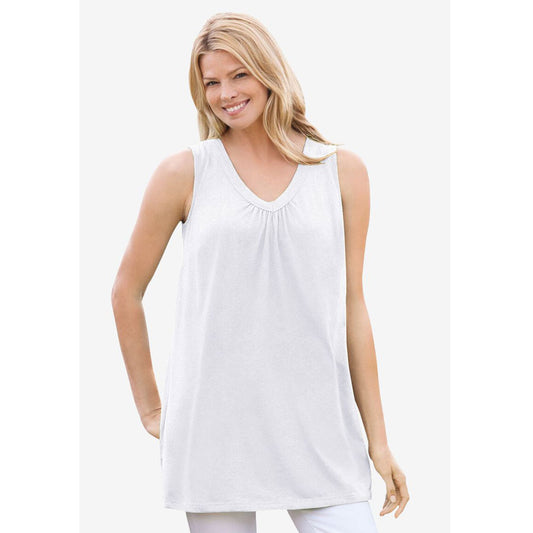 White Perfect Short-Sleeve Shirred V-Neck Tunic PSW-7970