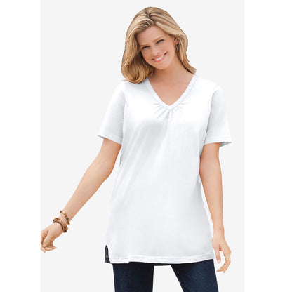 White Perfect Short-Sleeve Shirred V-Neck Tunic PSW-8772