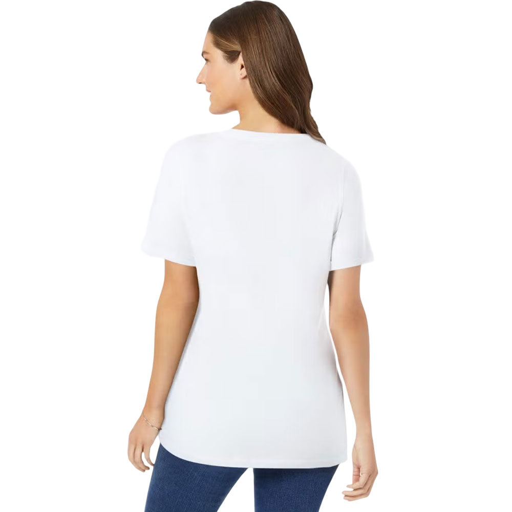 Plus-size woman wearing a white V-neck short-sleeve tee – PlusSize.pk
