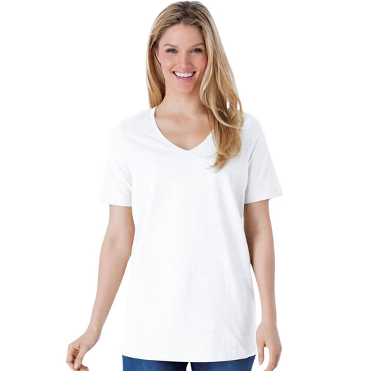 Plus-size woman wearing a white V-neck short-sleeve tee – PlusSize.pk