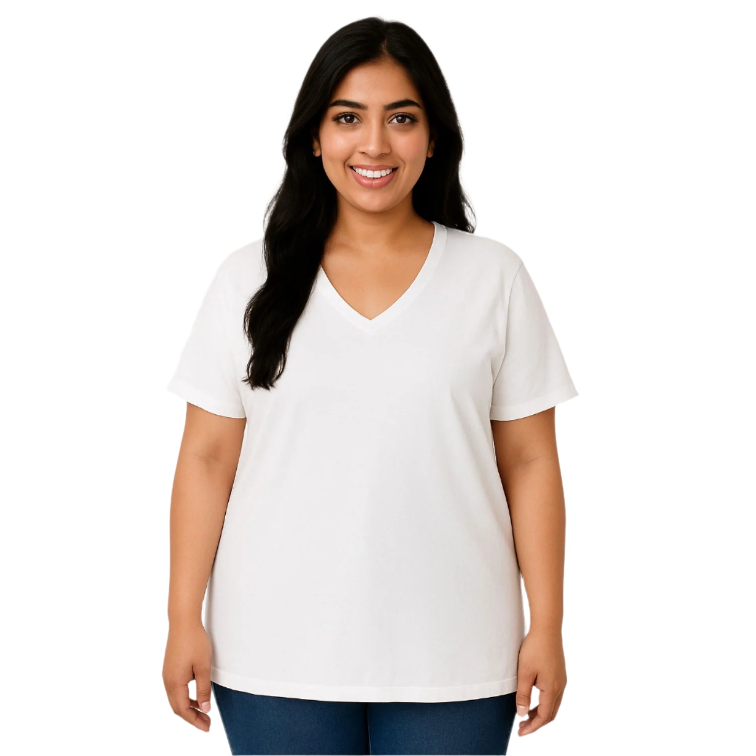 Plus-size woman wearing a white V-neck short-sleeve tee – PlusSize.pk