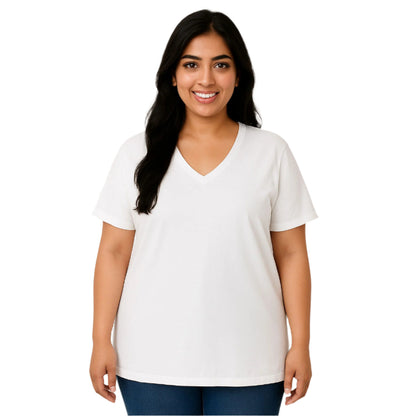 Plus-size woman wearing a white V-neck short-sleeve tee – PlusSize.pk