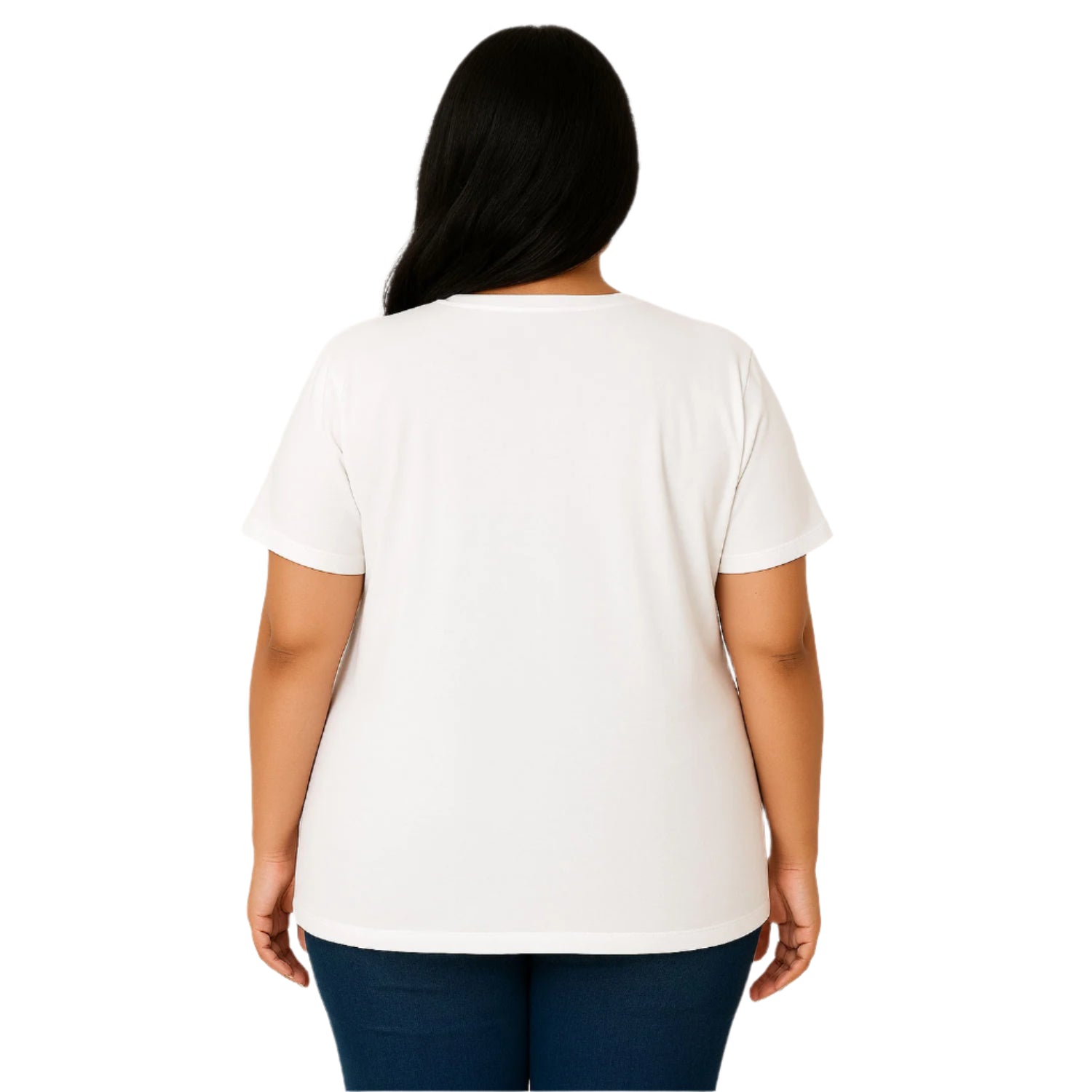 Plus-size woman wearing a white V-neck short-sleeve tee – PlusSize.pk