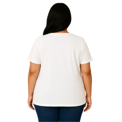 Plus-size woman wearing a white V-neck short-sleeve tee – PlusSize.pk
