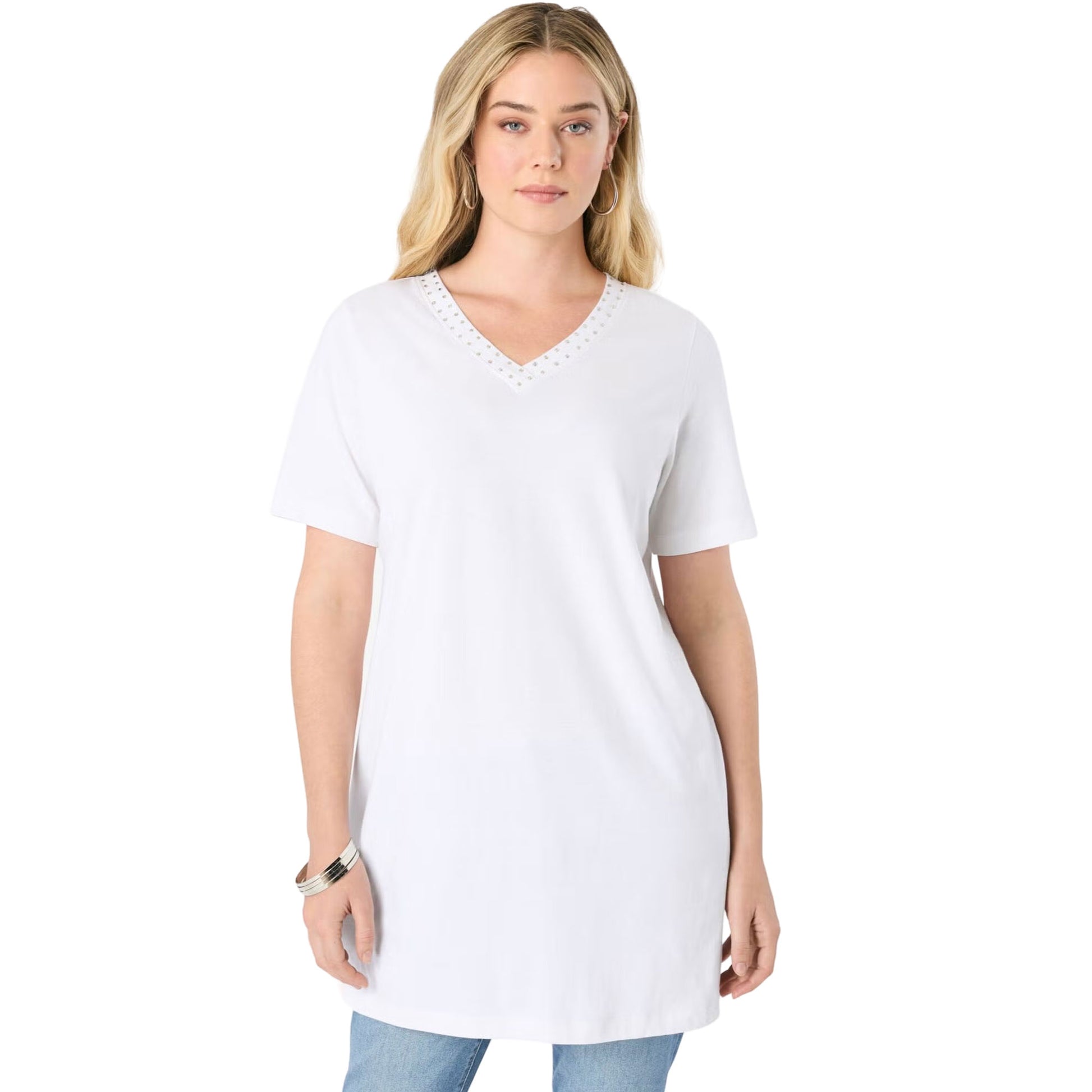 White rhinestone V-neck tunic top for women with relaxed fit and sparkling accents

