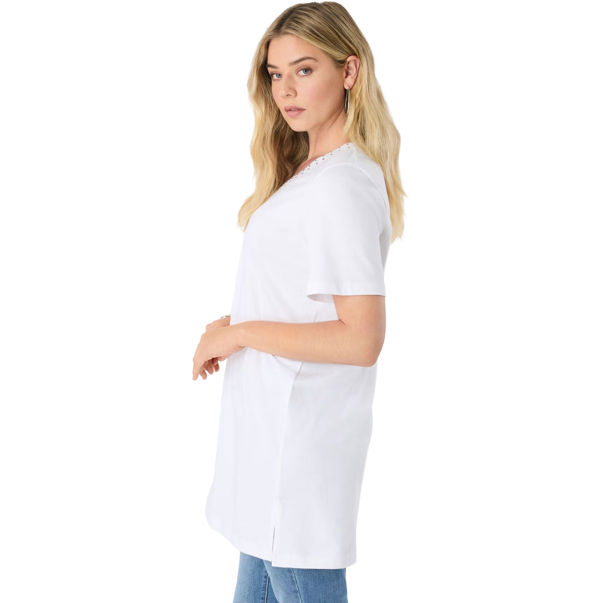 White rhinestone V-neck tunic top for women with relaxed fit and sparkling accents

