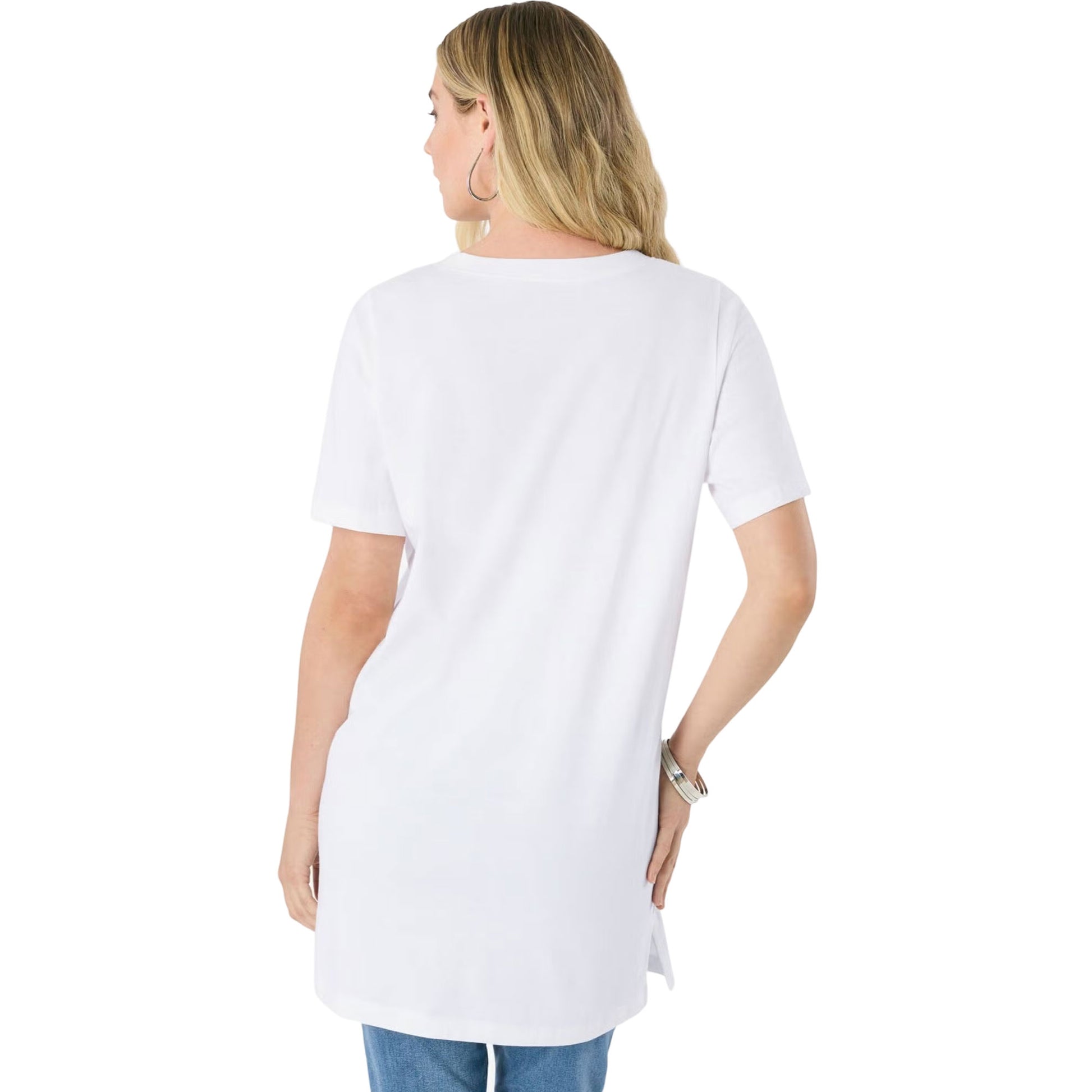 White rhinestone V-neck tunic top for women with relaxed fit and sparkling accents

