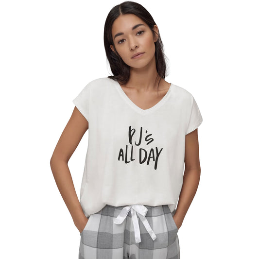 White V-neck cotton sleep tee with screen print – short sleeve women’s lounge top

