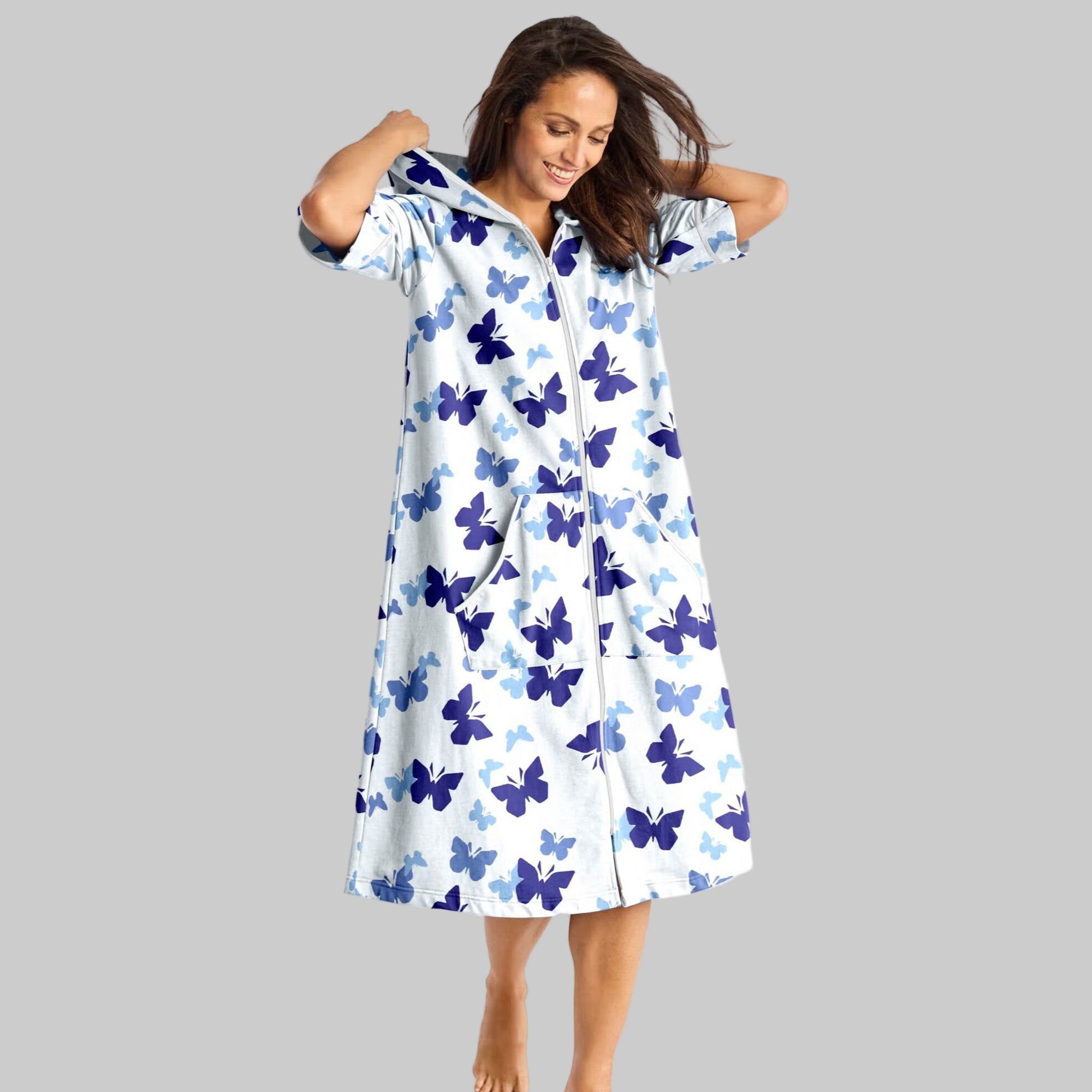 White Short French Terry Robe with hood, kangaroo pockets, and elbow-length sleeves.