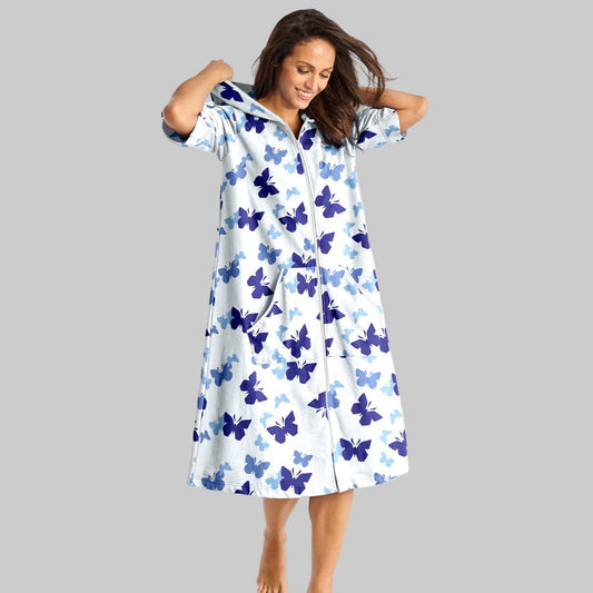White Short French Terry Robe with hood, kangaroo pockets, and elbow-length sleeves.