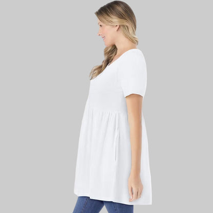 White short-sleeve tunic for women with empire waist and flowy, flattering fit