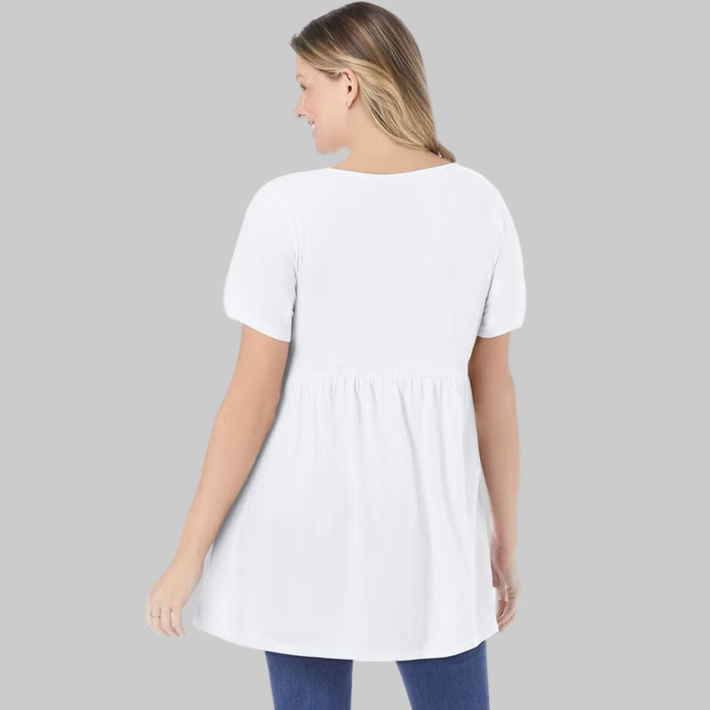 White short-sleeve tunic for women with empire waist and flowy, flattering fit