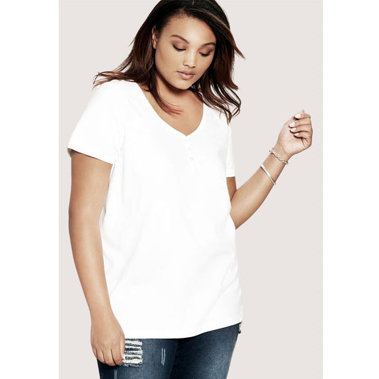 White Short Sleeve Sweetheart Ultimate Tee with a flattering sweetheart neckline and three-button henley detail, made from soft pure cotton for all-day comfort.