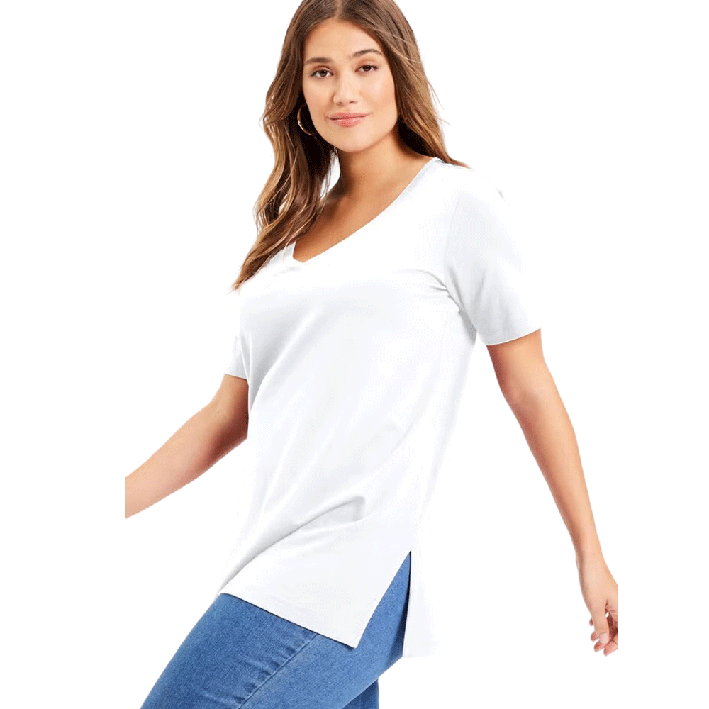 White Short-Sleeve V-Neck Plus Size Tunic PSW-9261