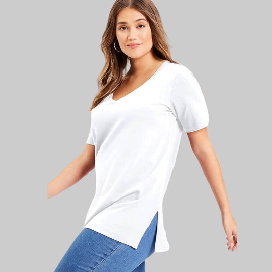 White Short-Sleeve V-Neck Plus Size Tunic PSW-9261