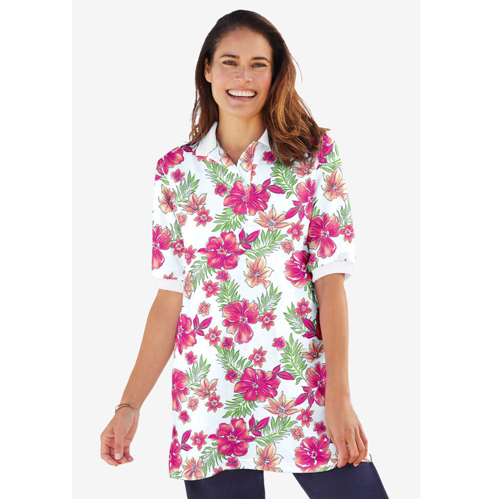 White Tropical Elbow Short-Sleeve Polo Tunic PSW-8130