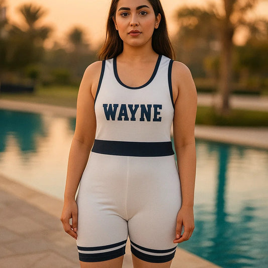 Pakistani woman wearing WAYNE sleeveless bodysuit in white and navy – gym or cosplay wear for curvy and regular size women