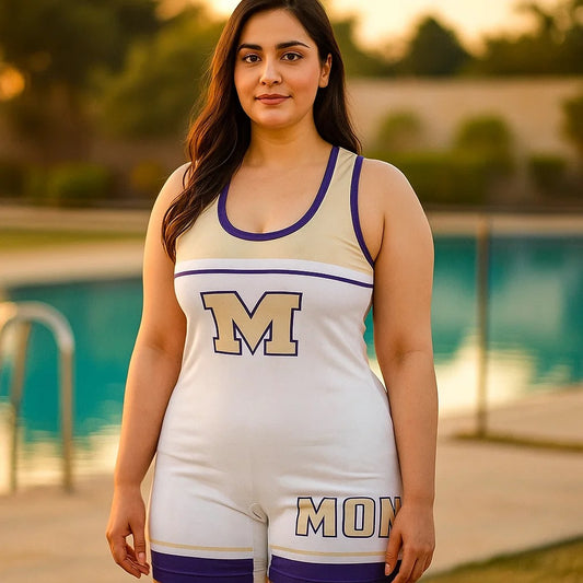 Plus size Pakistani woman wearing M Monogram sleeveless wrestling bodysuit near pool – activewear for women in Pakistan