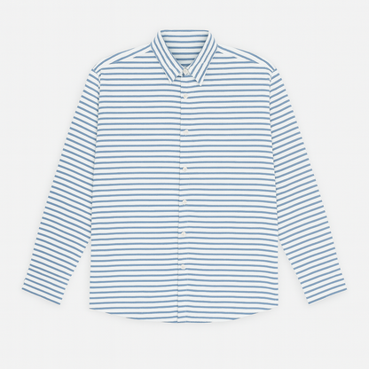 White and blue horizontal stripe casual shirt for plus size men, button-down front and long sleeves – flat lay on white background

