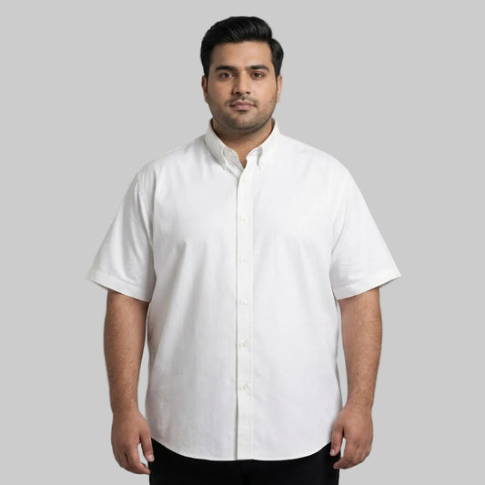 Men's white casual short sleeve button-down shirt with classic collar and front button closure laid flat on a white background.