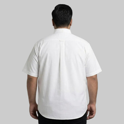 Men's white casual short sleeve button-down shirt with classic collar and front button closure laid flat on a white background.