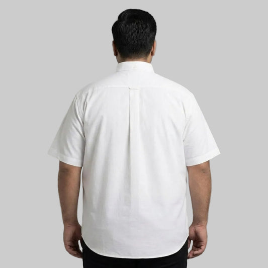 Men's white casual short sleeve button-down shirt with classic collar and front button closure laid flat on a white background.